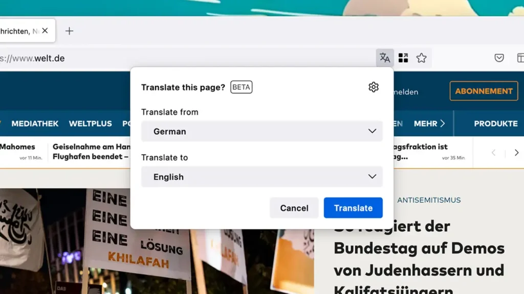 Traducir páginas en Firefox solo requiere un clic.
