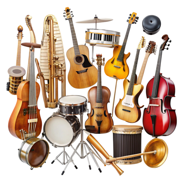 diverse-collection-of-musical-instruments-including-strings-percussion-and-wind-displayed-on-a-transparent-background-free-png